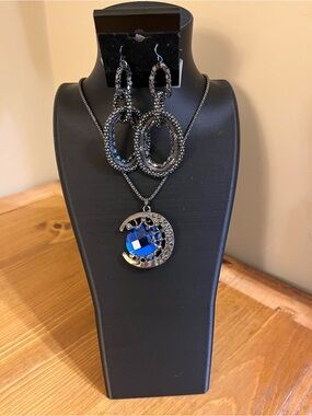 Women’s Blue Crystal Crescent Pendant Necklace and Earrings Set 24”